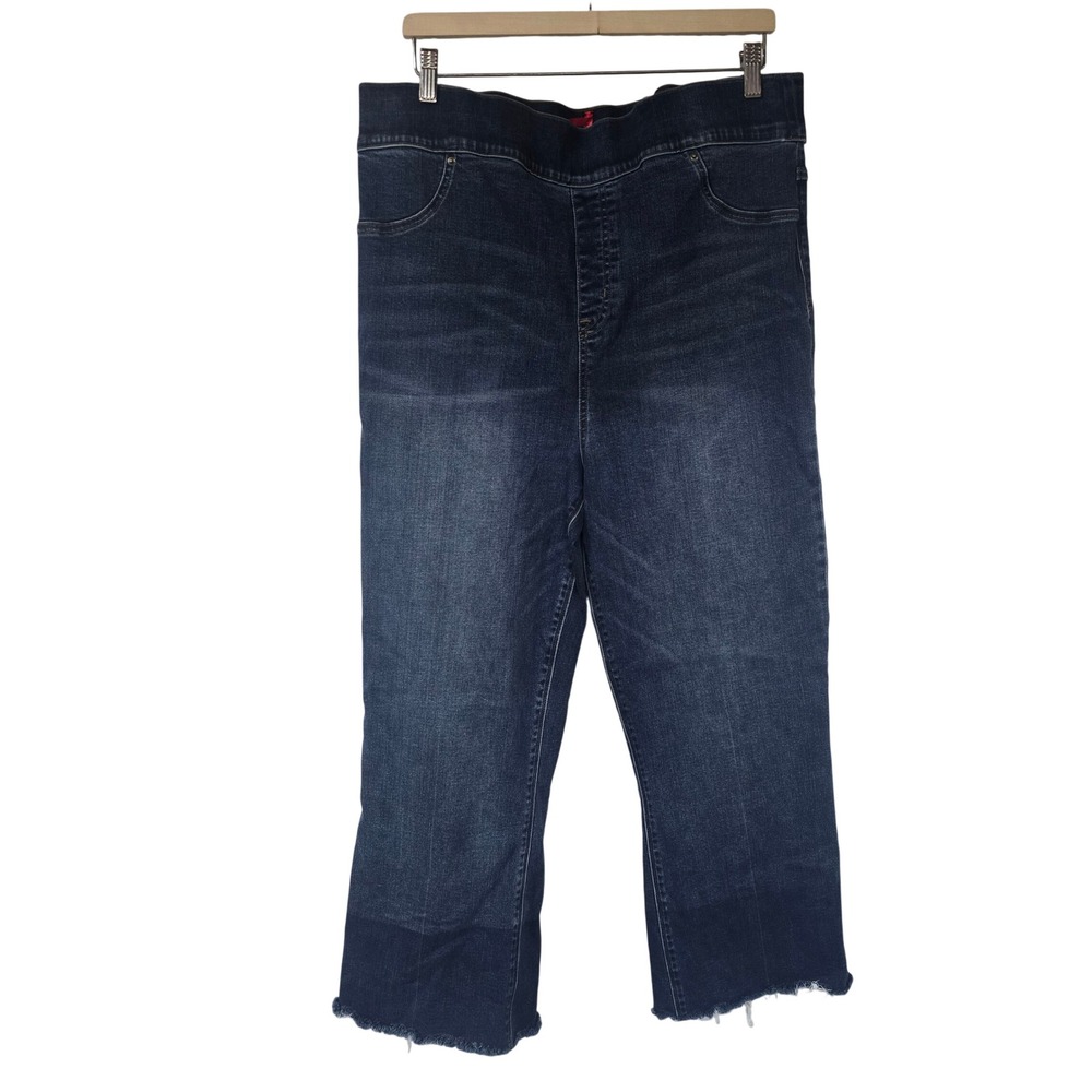 Spanx Cropped Flare Jeans Women‎ 3X Dark Wash Blue Cotton Blend Raw Hem